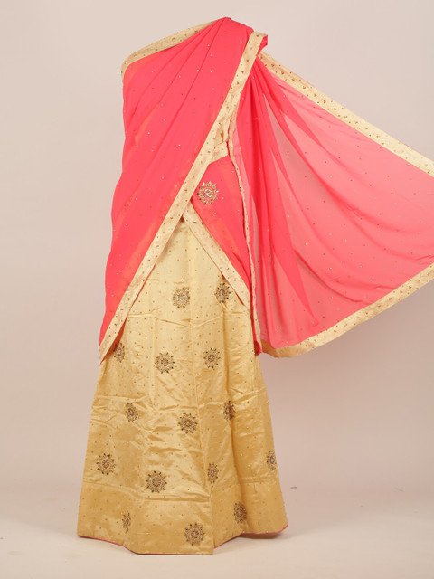 

Pothys Pink & Gold-Toned Ethnic Motifs Beads and Stones Half Lehenga Saree