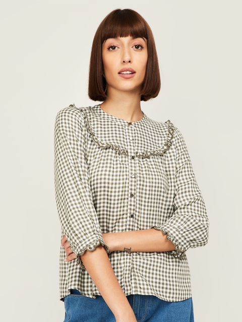 

Fame Forever by Lifestyle Olive Green & White Checked Ruffles Shirt Style Top
