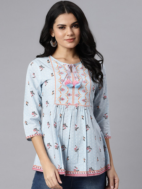

QOMN Women Blue Ethnic Motifs Pure Cotton Tie-Up Neck A-Line Top