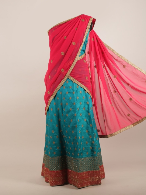 

Pothys Turquoise Blue & Pink Floral Sequinned Heavy Work Half Saree