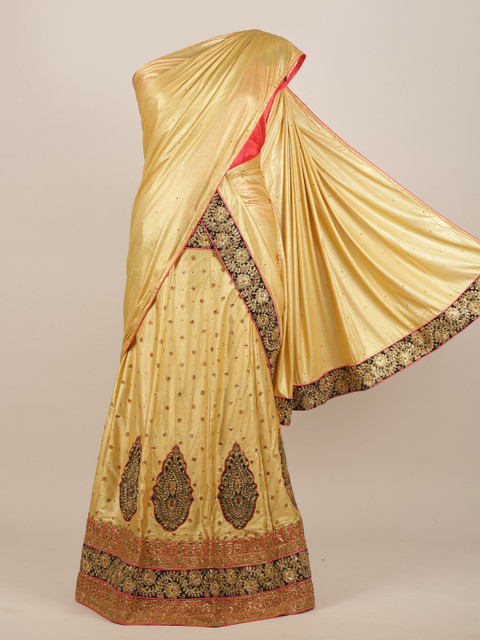 

Pothys Gold-Toned & Red Ethnic Motifs Beads and Stones Jute Silk Half Saree
