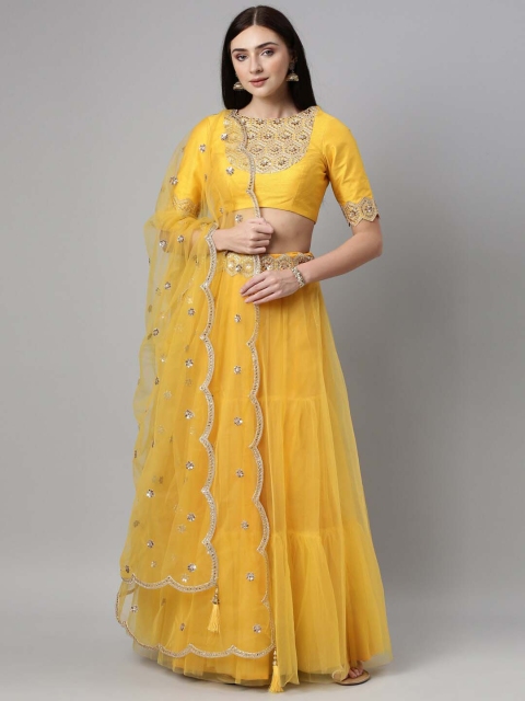 

panchhi Mustard & Gold-Toned Embroidered Sequinned Ready to Wear Lehenga & Unstitched Blouse With Dupatta