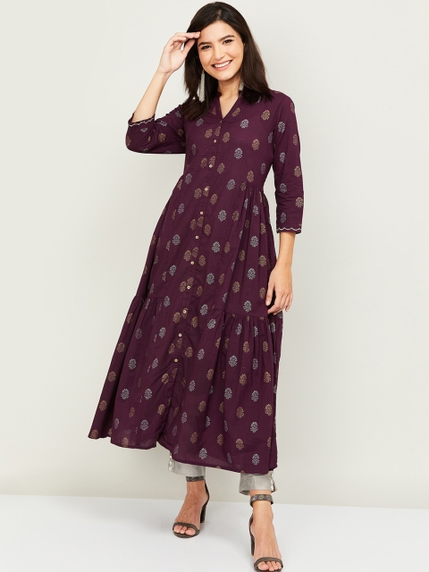 

Melange by Lifestyle Women Purple Ethnic Printed Cotton A-Line Kurta