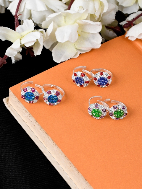 

Silvermerc Designs Set Of 3 Silver-Plated Stone-Studded Adjustable Meenakari Toe Rings