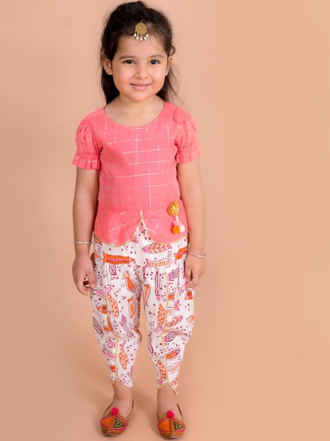 

pspeaches Girls Peach-Coloured & White Checked Kurti with Printed Dhoti Pants