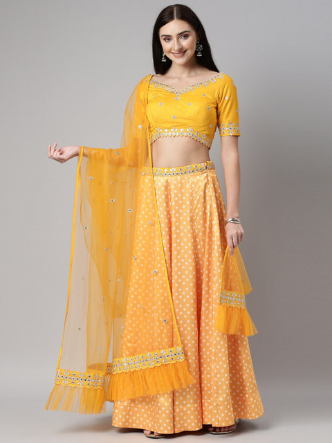 

panchhi Mustard & White Mirror Work Ready to Wear Lehenga & Unstitched Blouse With Dupatta
