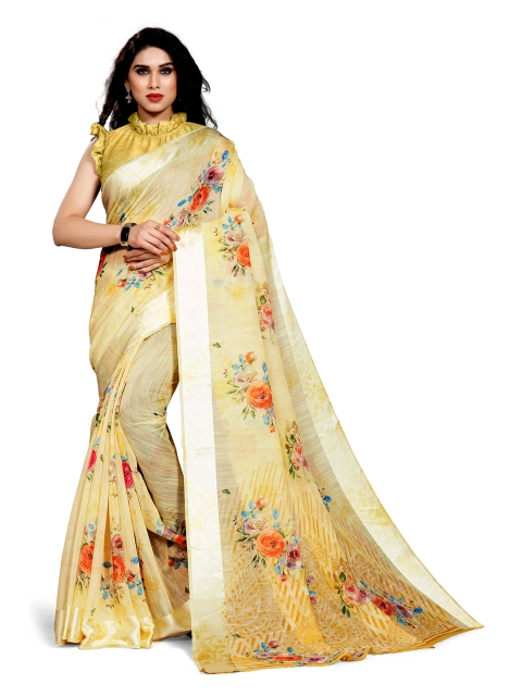 

KALINI Yellow Cotton Blend Floral Printed Saree