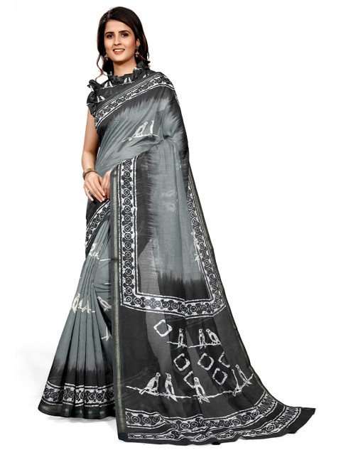 

KALINI Grey & Black Cotton Batik Printed Saree