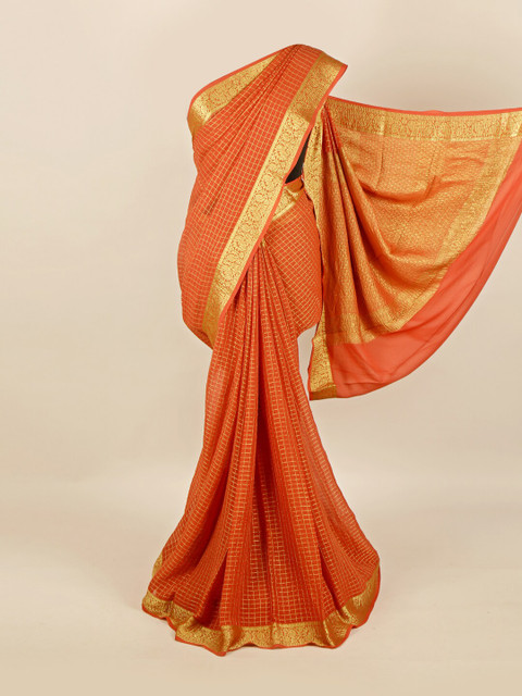 

Pothys Orange & Gold-Toned Checked Zari Pure Chiffon Saree
