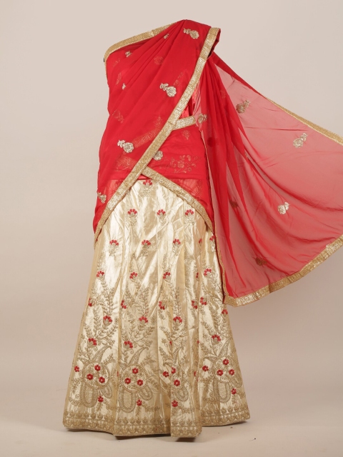 

Pothys Red & Gold Ethnic Motifs Embroidered Half Lehenga Saree