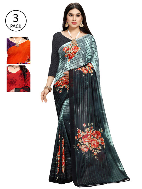 

KALINI Pack Of 3 Printed Sarees, Green
