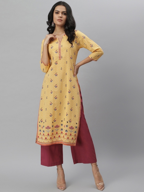 

QOMN Women Yellow Floral Printed Cotton Kurta