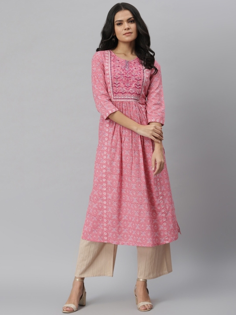 

QOMN Women Pink Yoke Design Printed A Line Kurta
