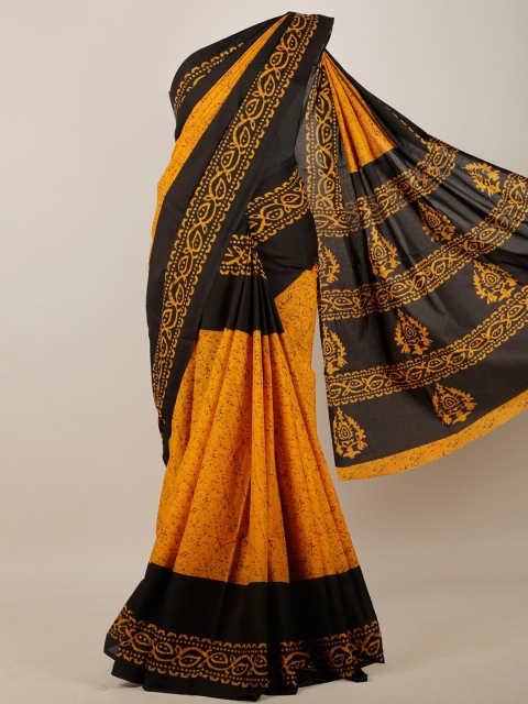 Pothys Yellow & Black Cotton Blend Batik Saree