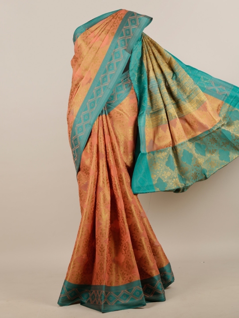 

Pothys Women Peach & Turquoise Blue Cotton Blend Geometric Woven Designed Saree