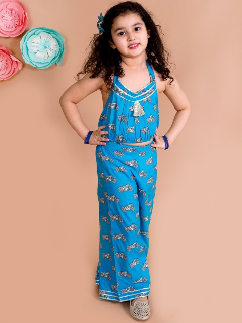 

pspeaches Girls Blue Pure Cotton Kurti with Palazzos