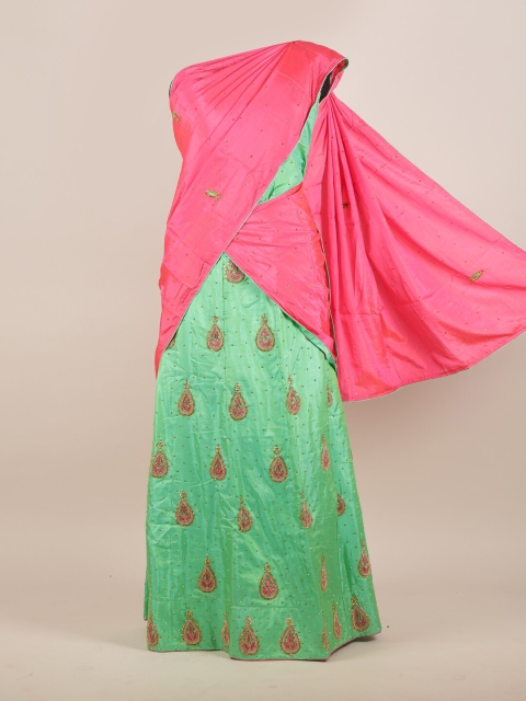 

Pothys Green & Pink Beads and Stones Jute Silk Half Lehenga Saree