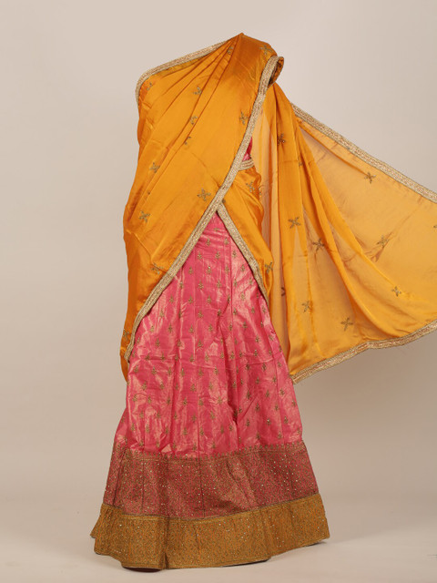 

Pothys Mustard & Pink Ethnic Motifs Beads and Stones Half Saree