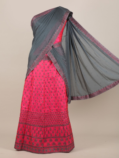 

Pothys Grey & Pink Ethnic Motifs Embroidered Jute Silk Half Saree