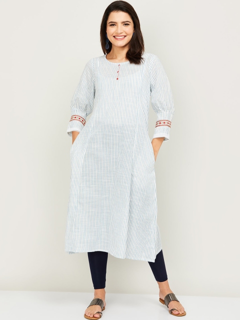 

Melange by Lifestyle Women White & Blue Cotton Striped A-Line Kurta