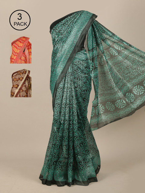 

Pothys Women Pack of 3 Jute Silk Printed Saree, Black