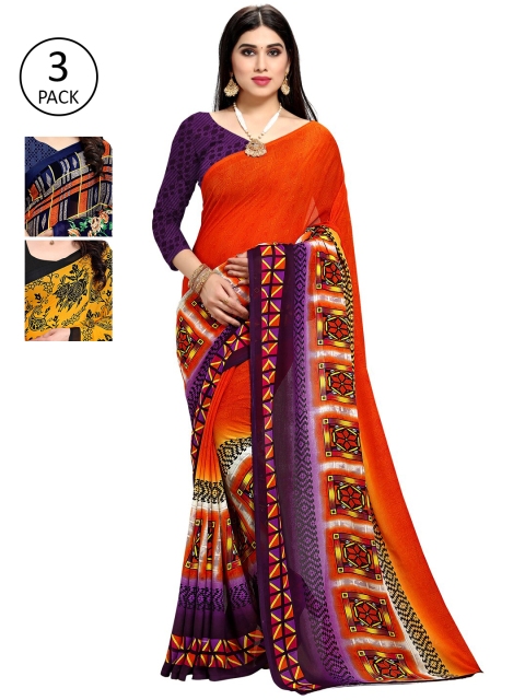 

KALINI Women Multi Colored Set of 3 Printed Poly Georgette Sarees