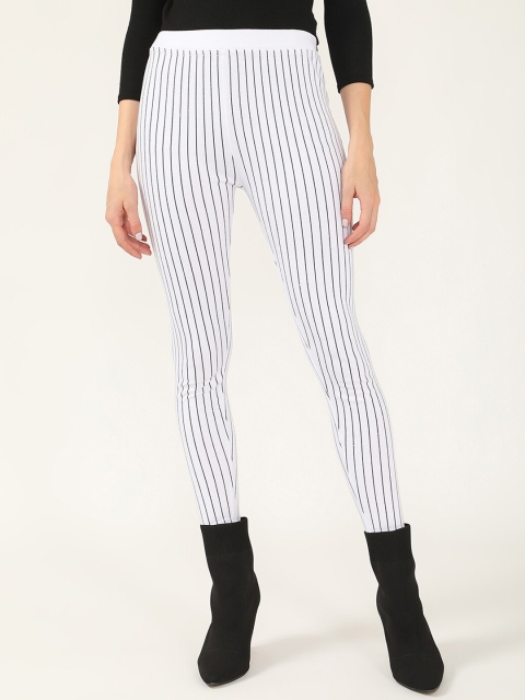 

V2 Value & Variety Women White & Black Striped Cotton Ankle-Length Leggings