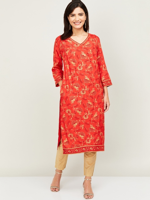 

Melange by Lifestyle Women Red & Golden Ethnic Motifs Straight Kurta