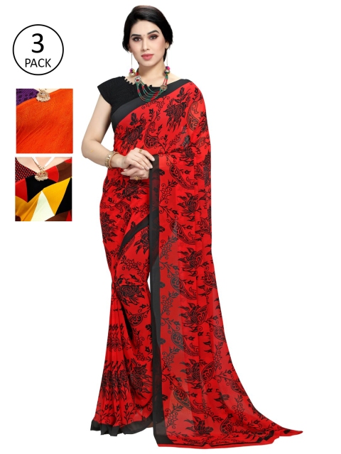 

KALINI Set of 3 Orange & Red Printed Sarees