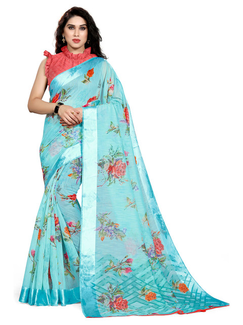

KALINI Turquoise Blue & Red Floral Bagh Saree