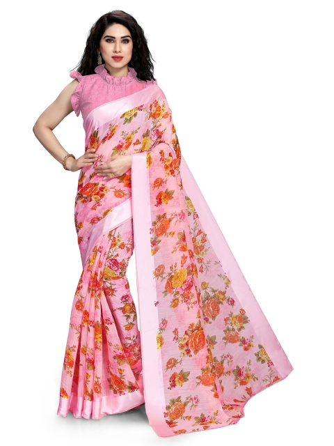 

KALINI Pink & Green Floral Printed Bagh Saree