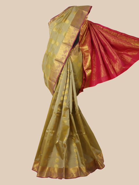 

Pothys Green & Pink Ethnic Motifs Zari Woven Design Pure Silk Kanjeevaram Saree