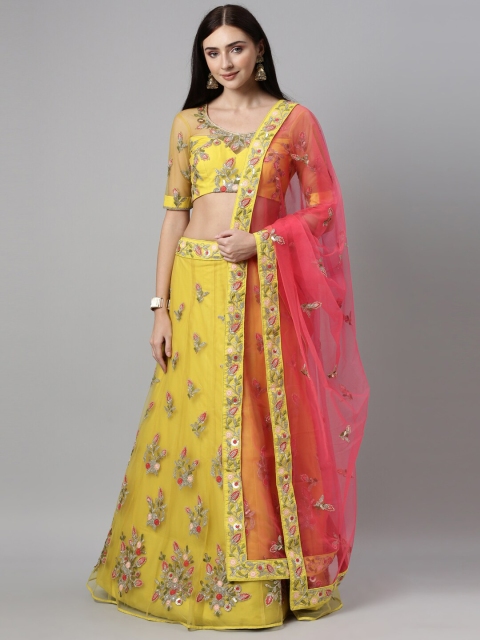 

panchhi Yellow & Red Embroidered Sequinned Semi-Stitched Lehenga & Unstitched Blouse With Dupatta