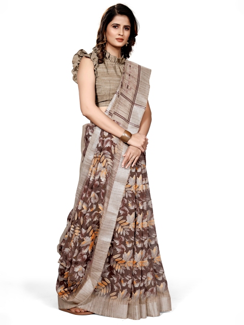 

KALINI Brown & Beige Floral Printed Bagh Saree