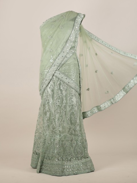 

Pothys Green Floral Embroidered Sequinned Net Heavy Work Half Saree