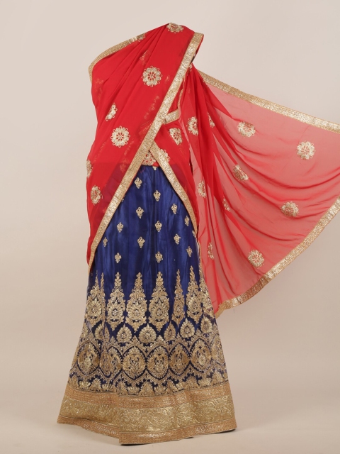 

Pothys Women Navy Blue & Red Embellished Half & Half Saree