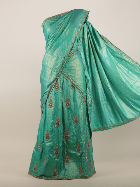 

Pothys Green & Gold-Toned Embellished Beads and Stones Lehenga Saree