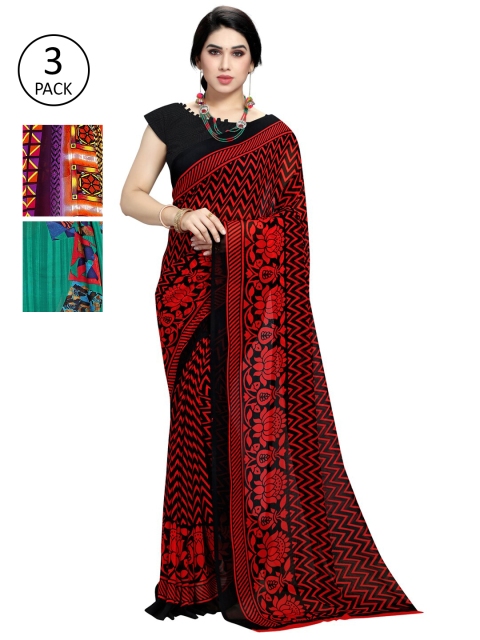 

KALINI Pack Of 3 Multicoloured Printed Sarees, Orange