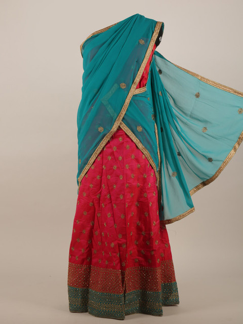 

Pothys Pink & Turquoise Blue Ethnic Motifs Beads and Stones Half Lehenga Saree
