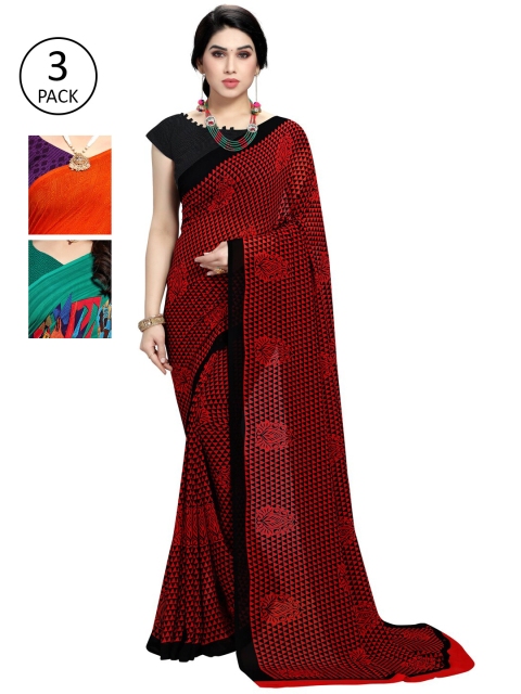 

KALINI Multi Printed Polygeorgette Geometric Print Daily Wear Saree-Pack of 3, Red
