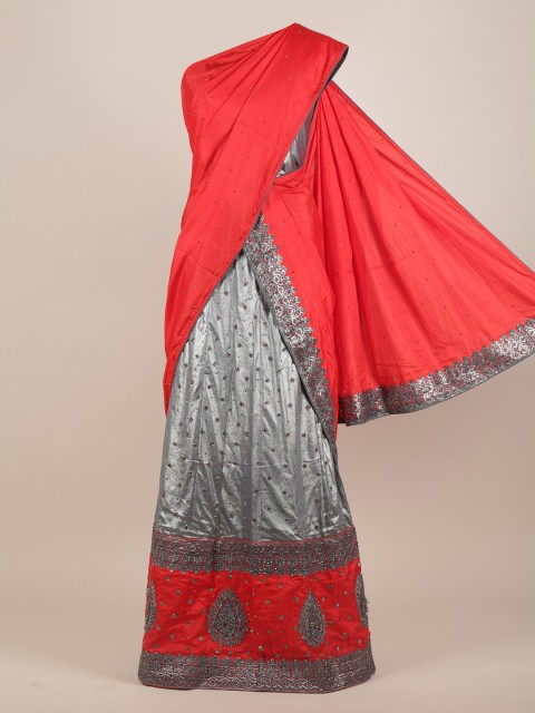 

Pothys Grey & Red Embellished Beads and Stones Jute Silk Half Saree