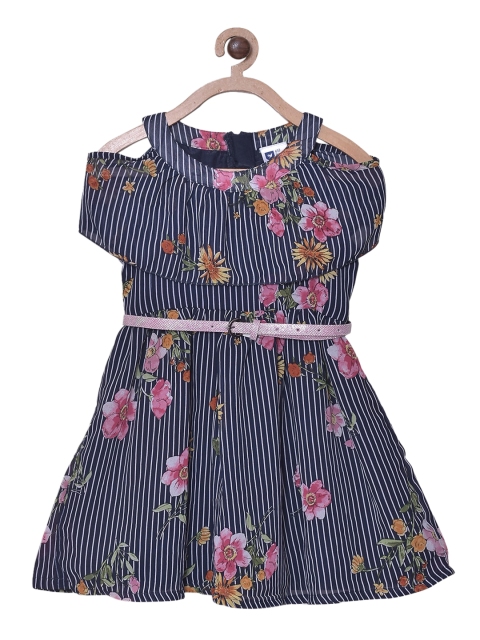 

612 league Navy Blue Floral Print Georgette A-Line Dress