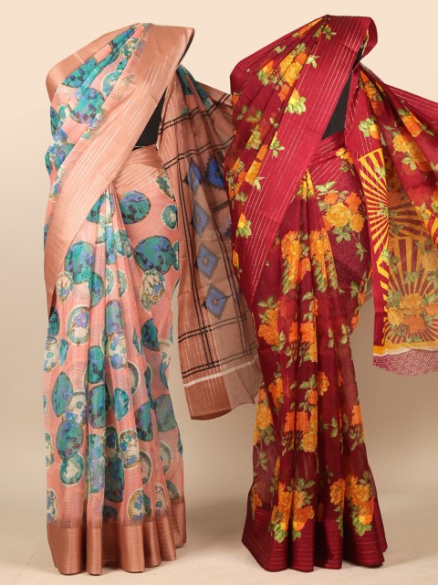 

Pothys Pack Of 2 Pink & Maroon Floral Printed Jute Silk Saree