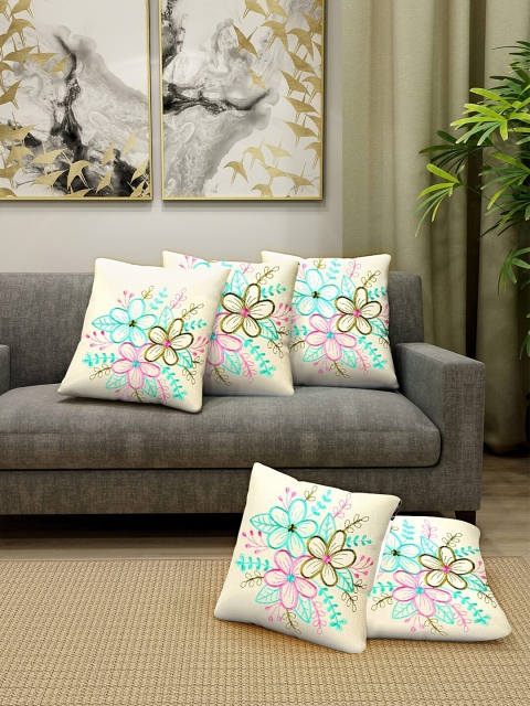 

KLOTTHE Off White & Pink Set of 5 Embroidered Square Cushion Covers