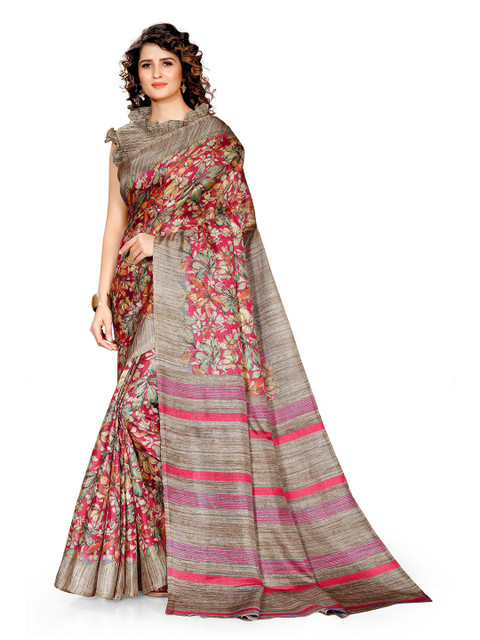 

KALINI Pink & Grey Floral Printed Art Silk Saree