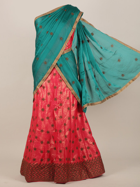 

Pothys Green & Red Ethnic Motifs Embellished Half Saree