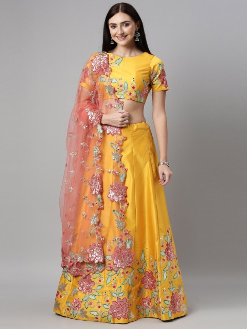 

panchhi Mustard & Pink Embroidered Sequinned Semi-Stitched Lehenga & Unstitched Blouse With Dupatta