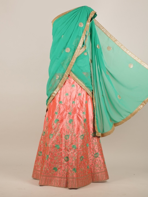 

Pothys Peach-Coloured & Sea Green Floral Half and Half Saree
