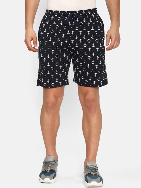 

V2 Value & Variety Men Navy Blue & White Printed Mid-Rise Pure Cotton Regular Shorts