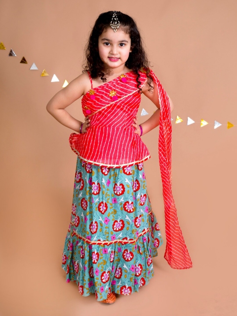 

pspeaches Girls Blue & Red Embellished Ready to Wear Lehenga &